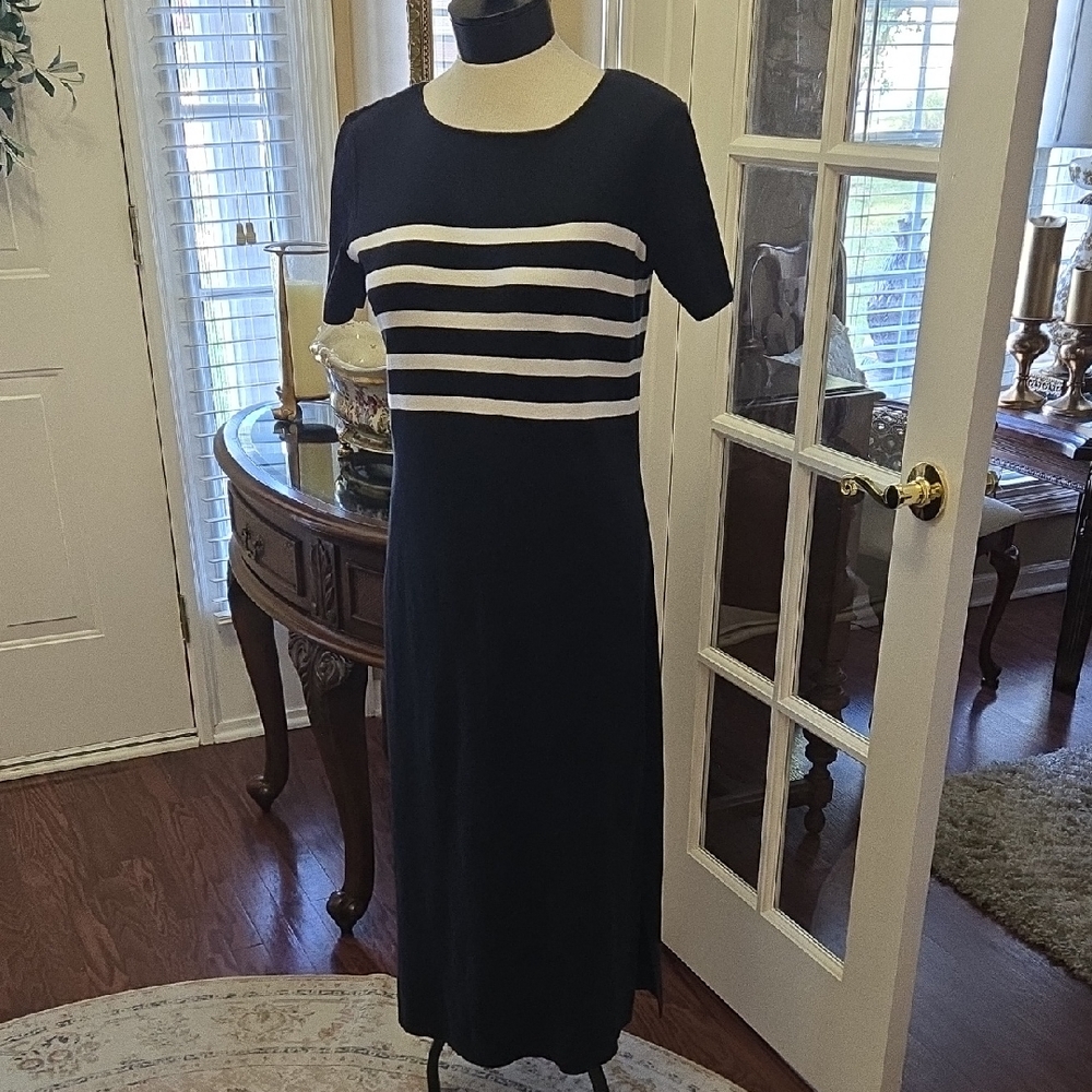 Talbots Black and White Striped Sweater Dress 100% Cotton Short Sleeve sz SP EUC